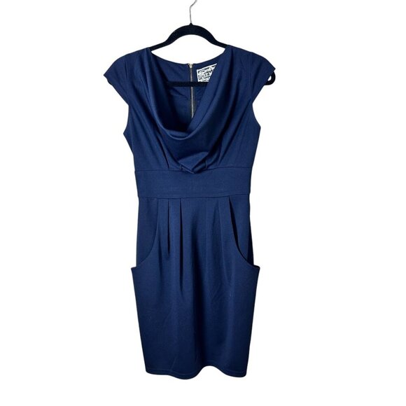 PINK MARTINI Navy Drape Neck Dress with Pockets Size Small - Picture 1 of 9